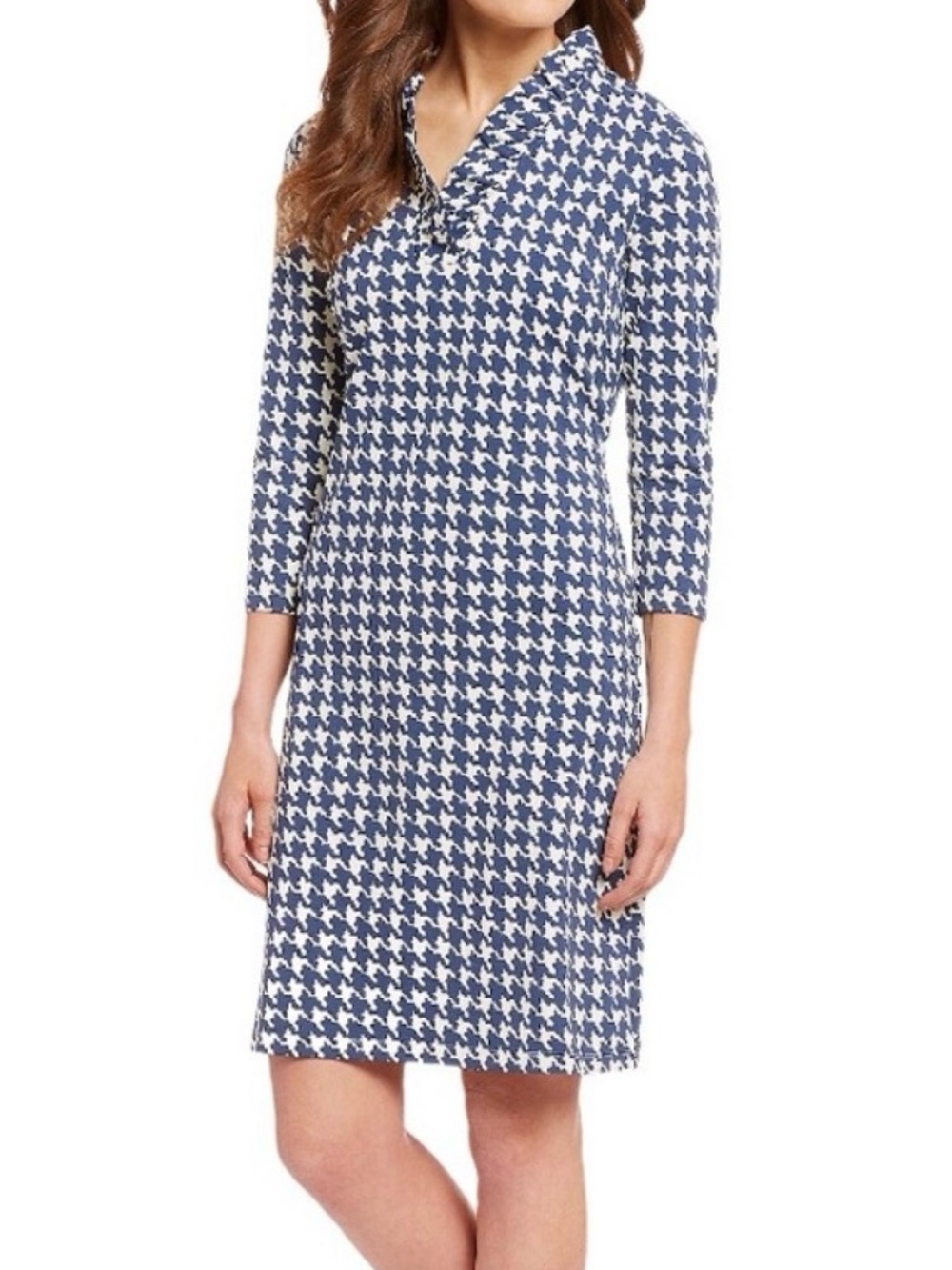 J McLaughlin Catalina Cloth Durham Navy Cream Houndstooth 3/4 Sleeve Dress